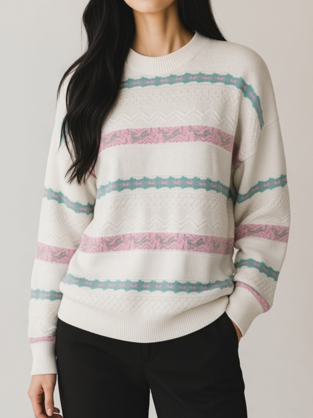 Vintage Ivory Pastel Retro Knit Cream Pink Green Grandmacore 90’s 80’s Size S